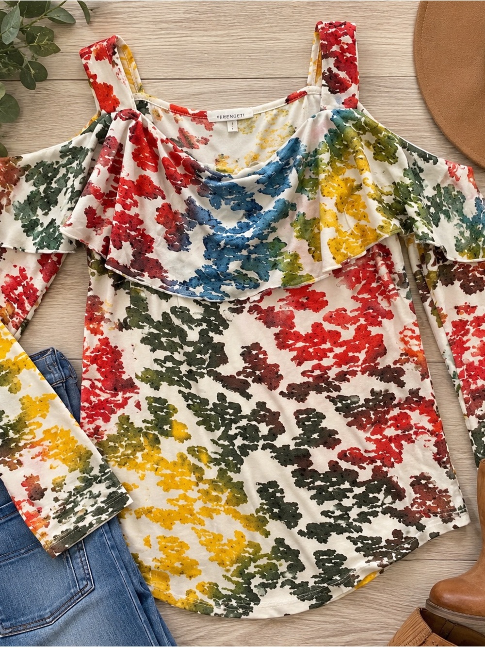 Serengeti Multicolor Floral Cold Shoulder Ruffle Top- XL NWOT